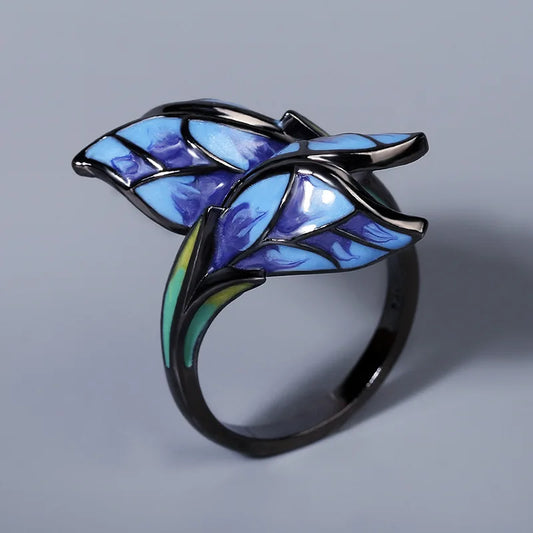 Handmade Blue Enamel Flower Engagement Wedding Rings.